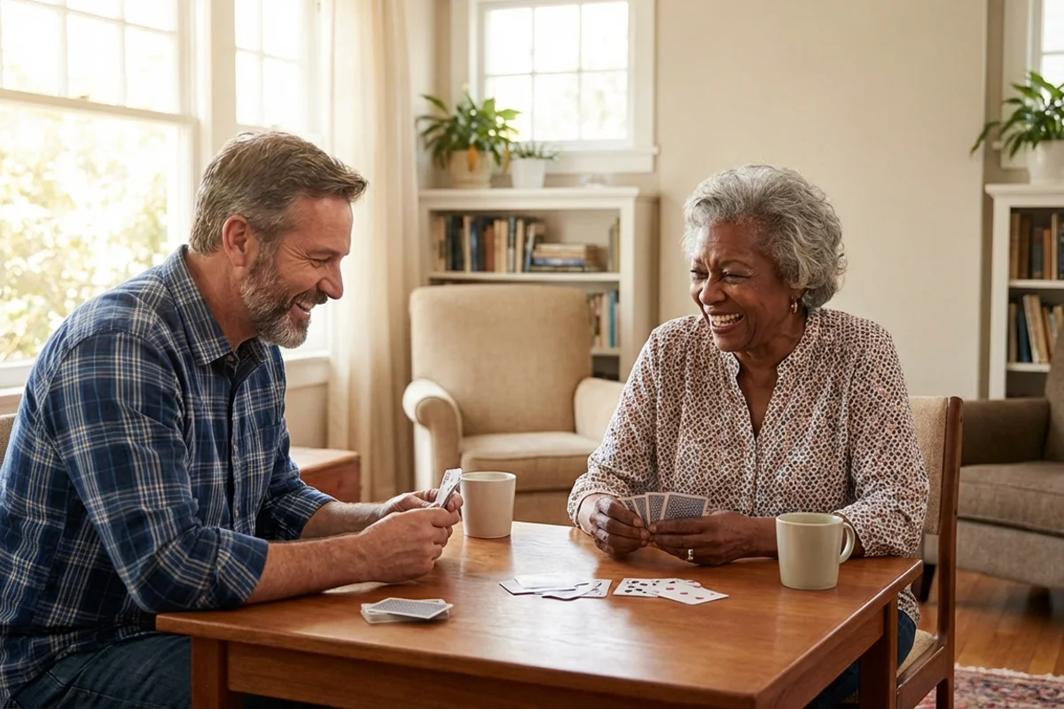 Caregiver and senior enjoying afternoon activity together