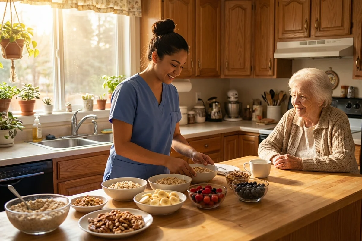 Caregiver preparing healthy breakfast for senior client