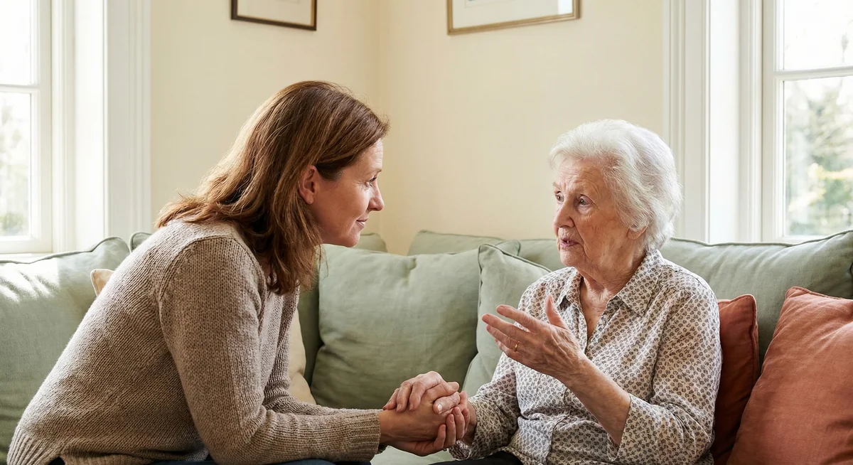 Adult daughter patiently listening to elderly mother with dementia