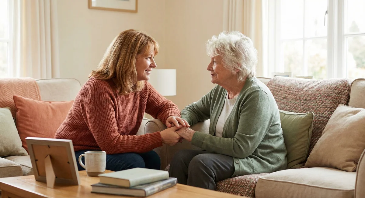 Caregiver communicating compassionately with elderly person with dementia