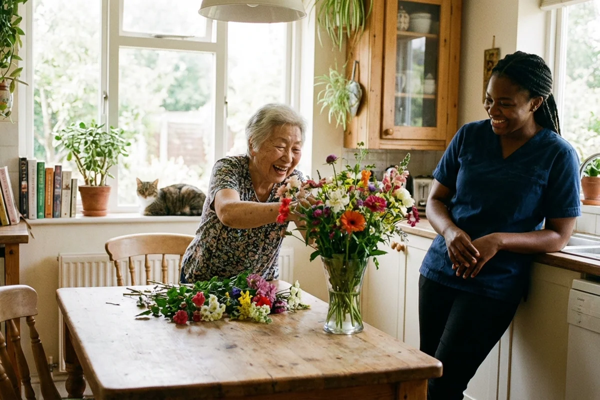 Senior with dementia safely engaged in activity with caregiver