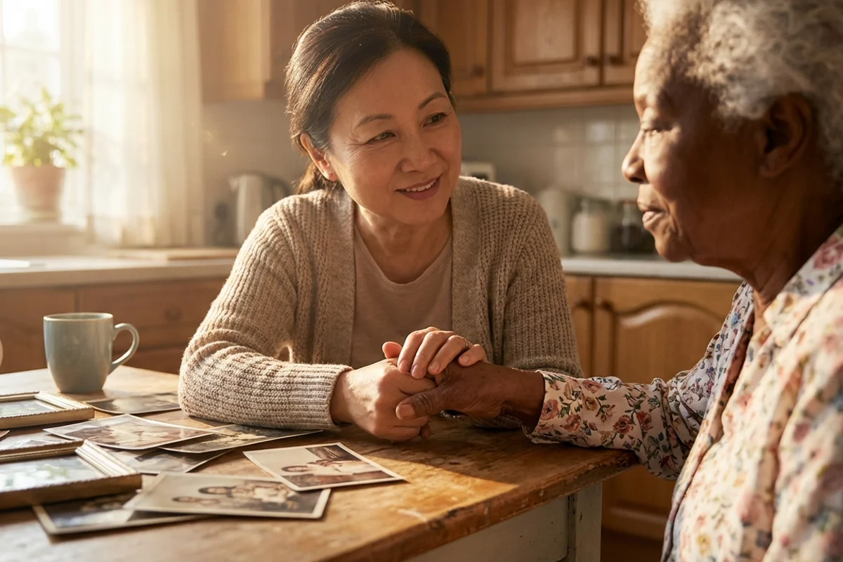 Caregiver supporting elderly person with memory care