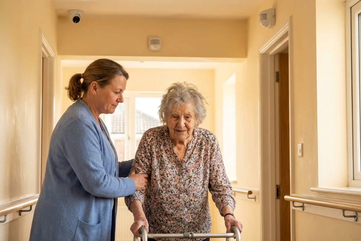 Caregiver monitoring senior with dementia for wandering risk