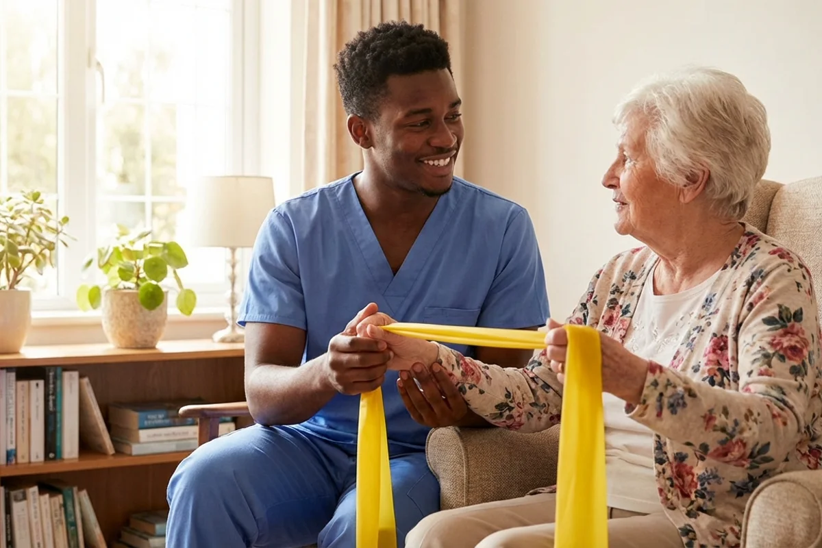 Caregiver helping senior with mobility exercises after fall