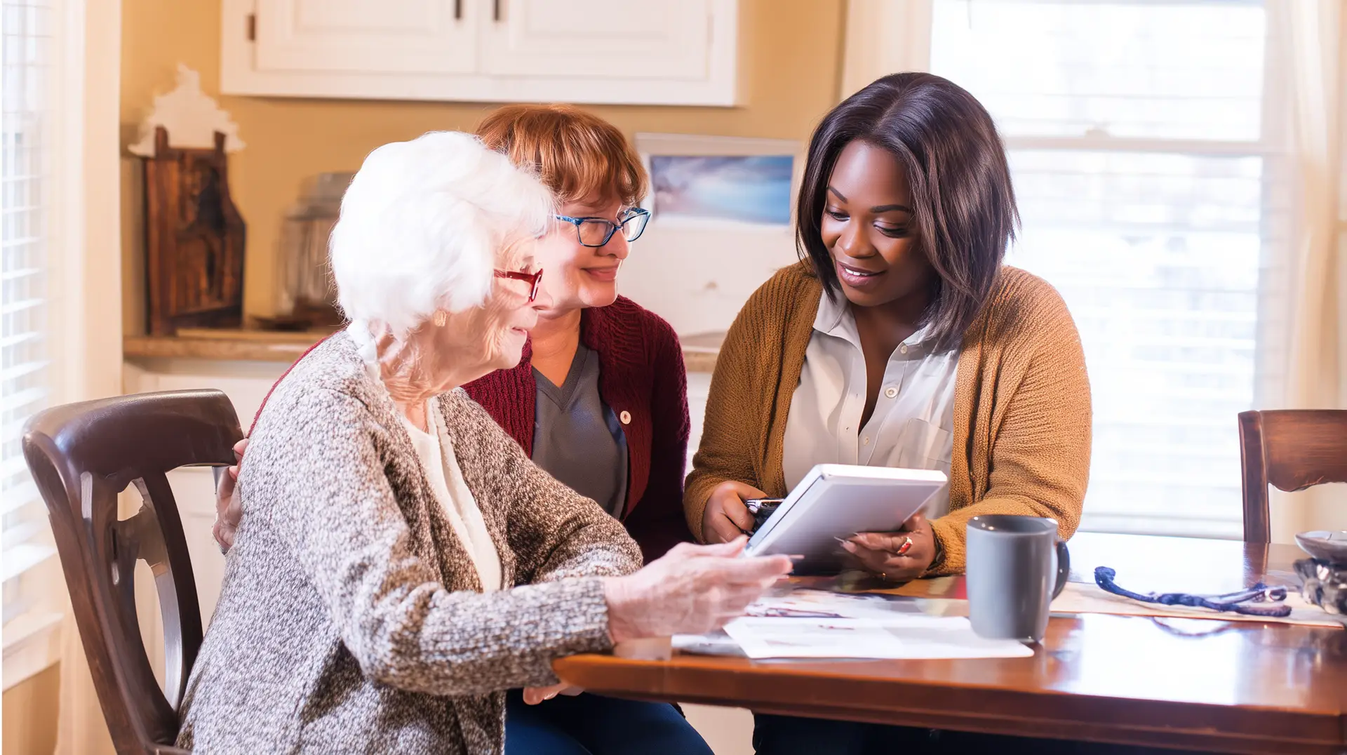 Caregiver and senior planning care together