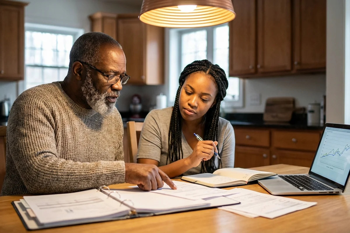 Senior reviewing insurance documents with family member