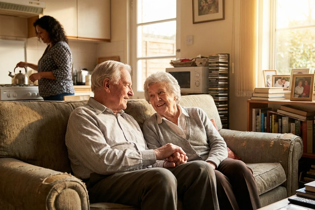 Senior couple comfortable at home with caregiver support