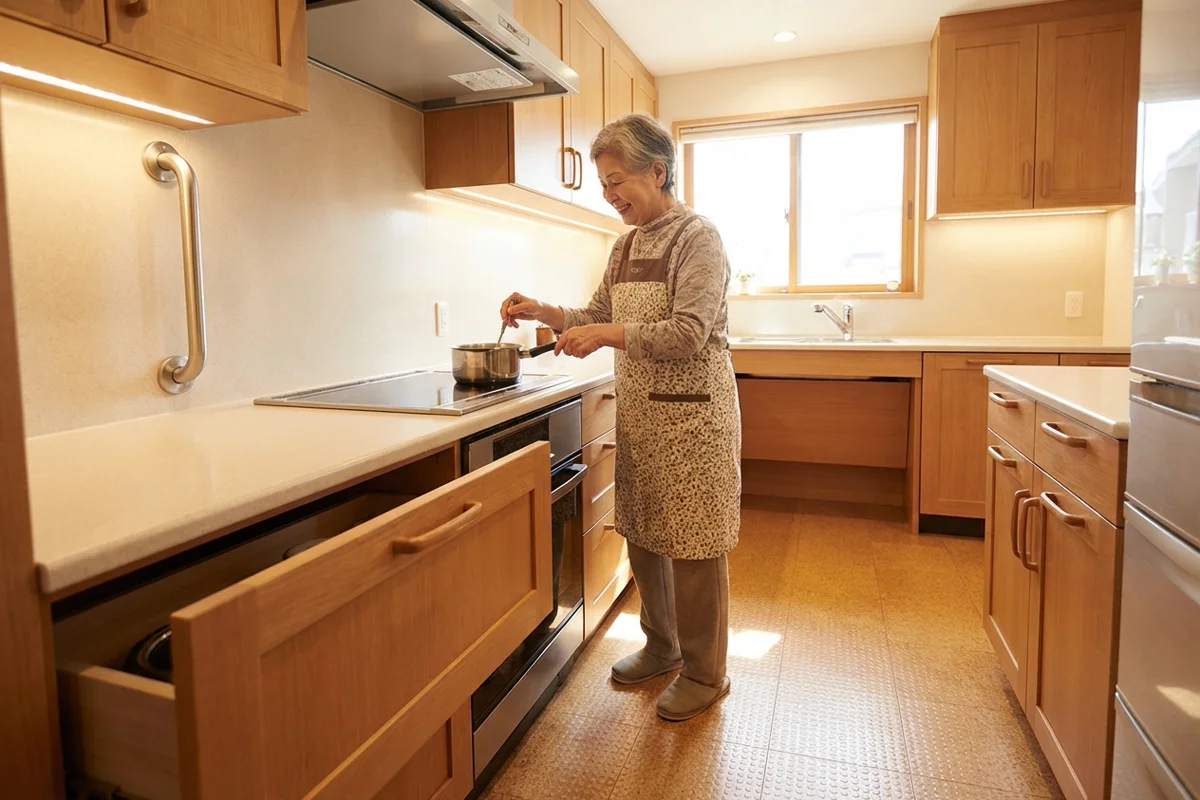 Safe kitchen setup for seniors with accessible storage