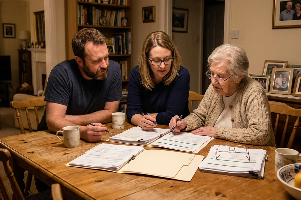 Family reviewing financial options for home care