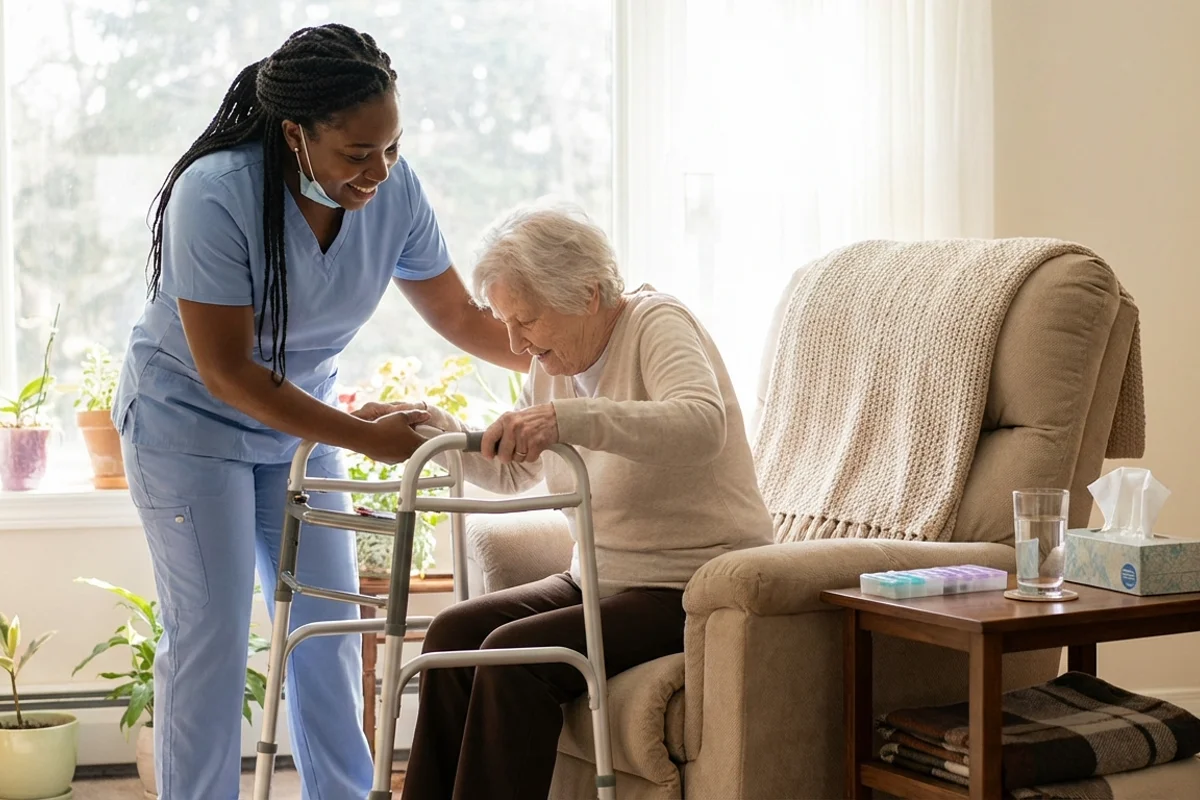 Caregiver helping senior recover at home after hospital stay