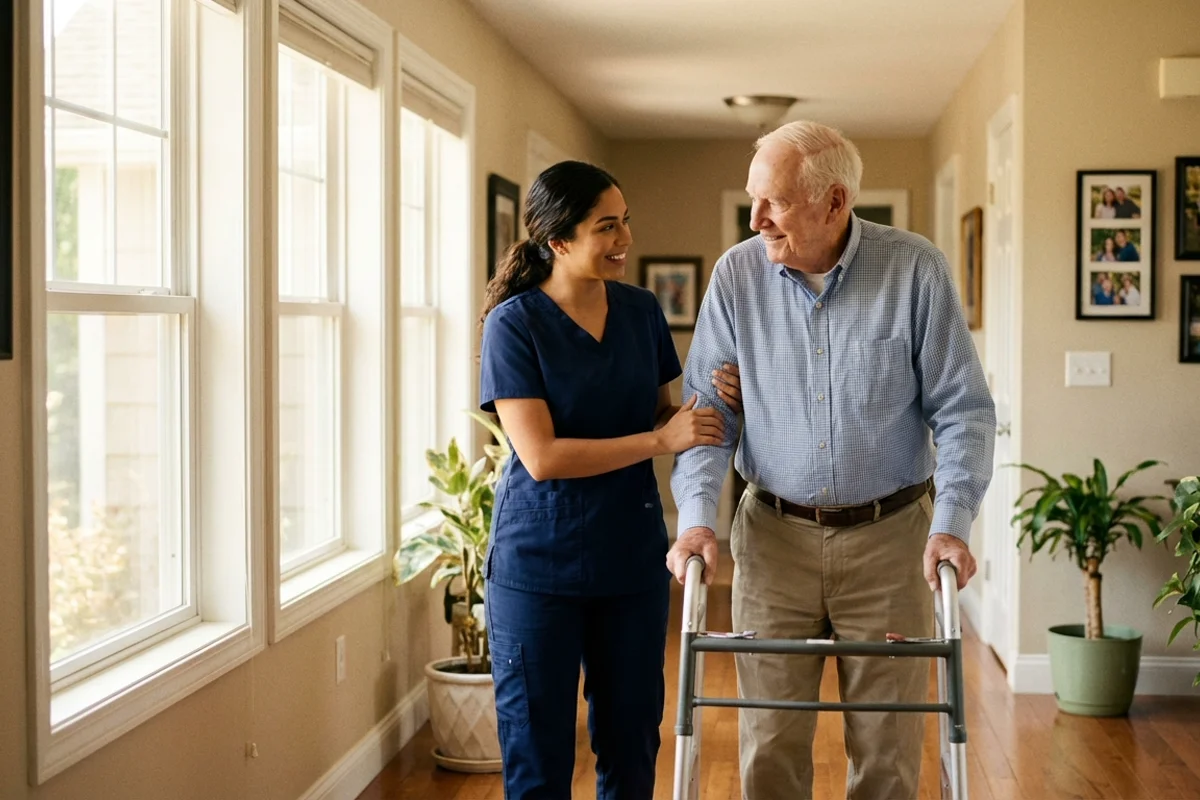 Senior safely walking with caregiver assistance at home