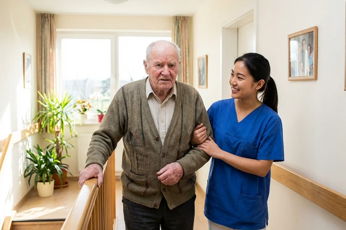 Senior safely walking with assistance during recovery