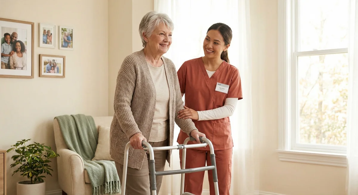 Senior recovering with caregiver assistance after a fall