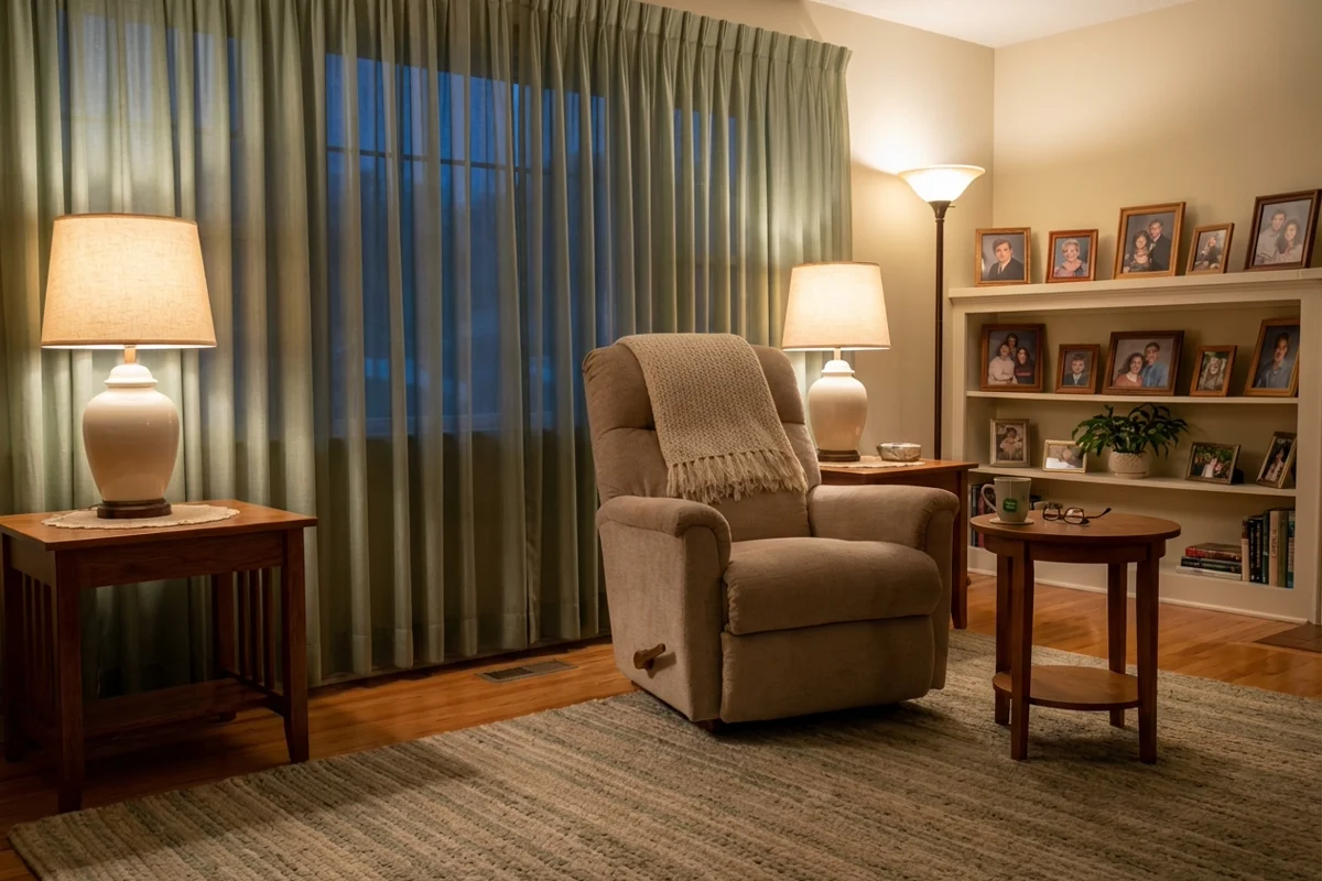 Peaceful evening setting with soft lighting for dementia patient