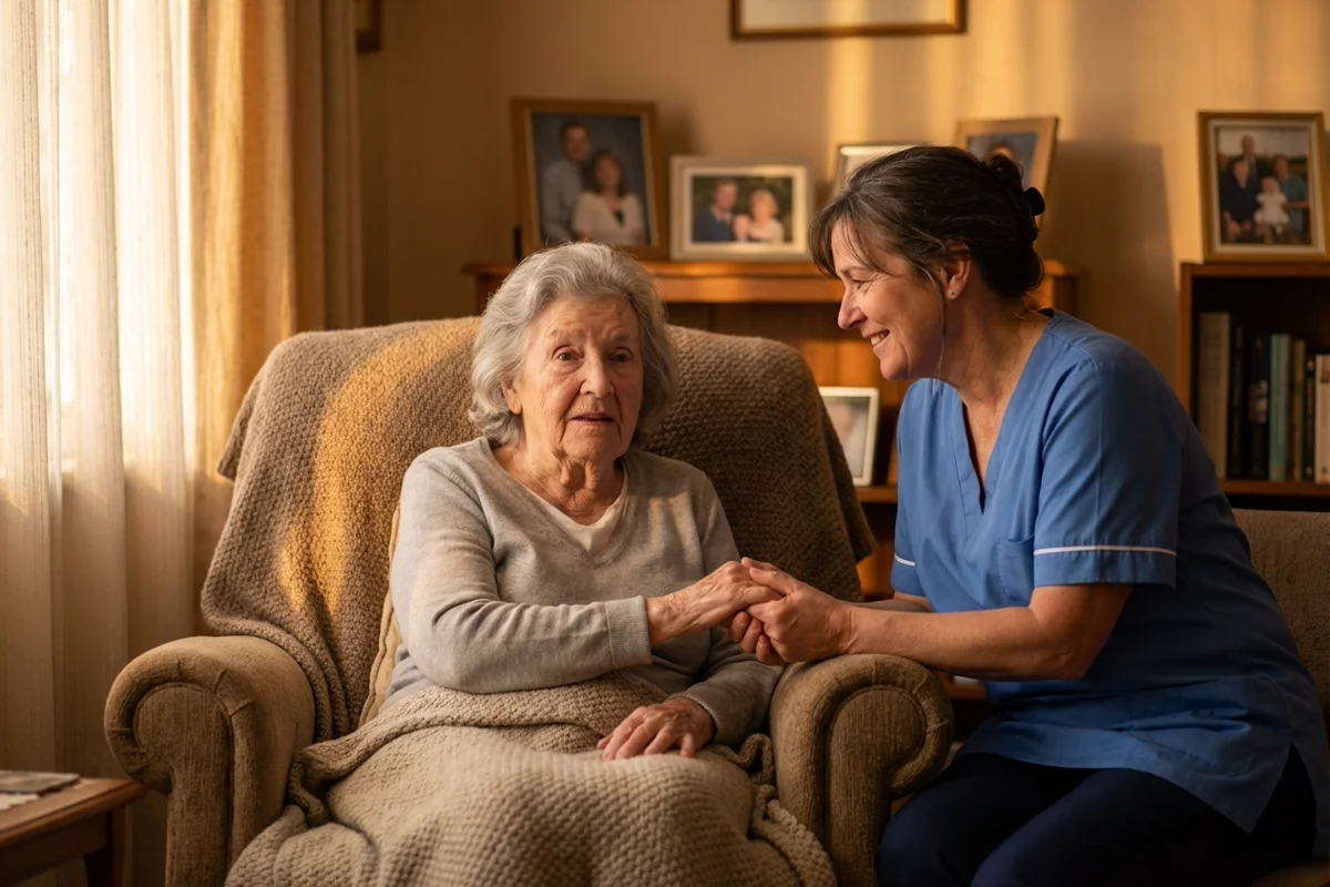 Senior experiencing late-day confusion with caregiver providing support