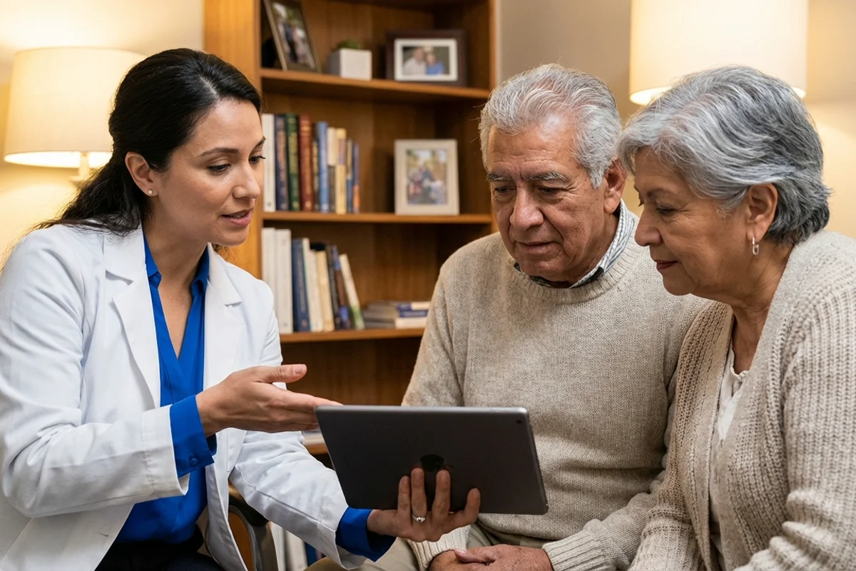 Medical professional discussing dementia diagnosis with family